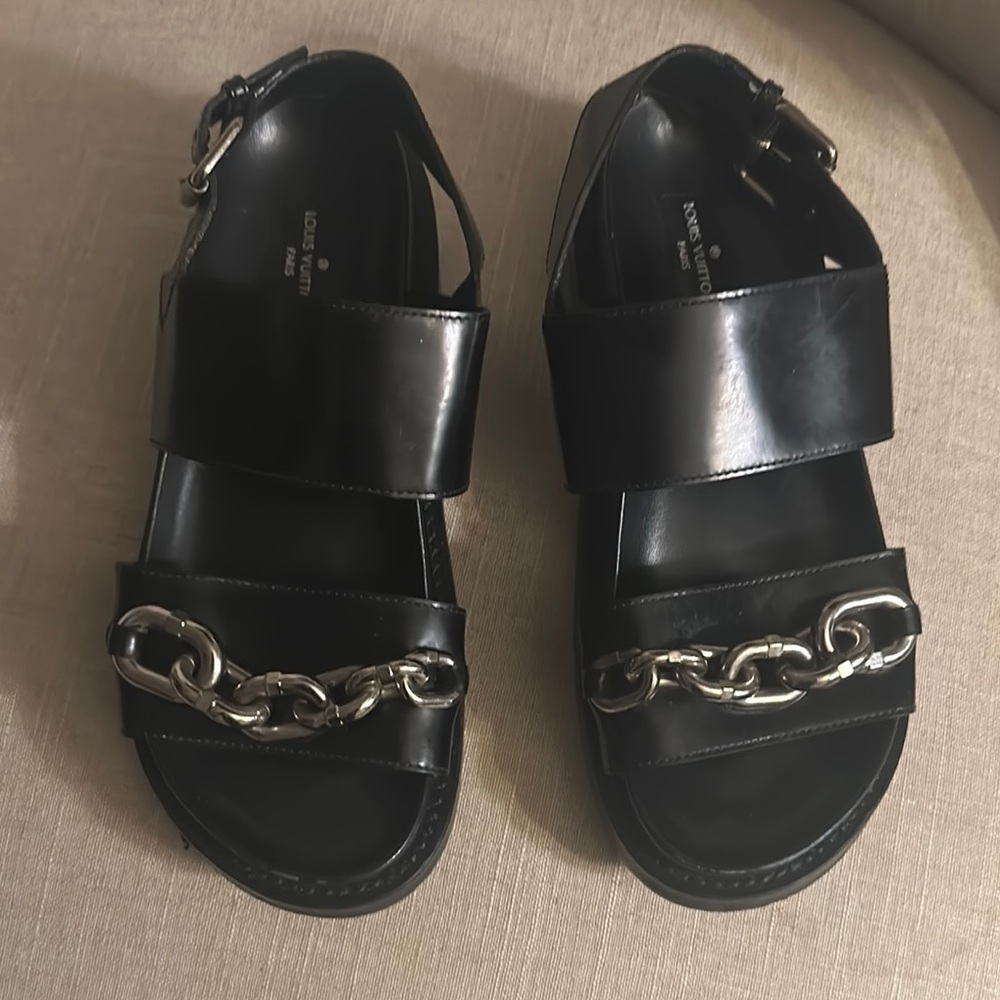 Louis Vuitton Black and Silver Sandals with Wide Straps